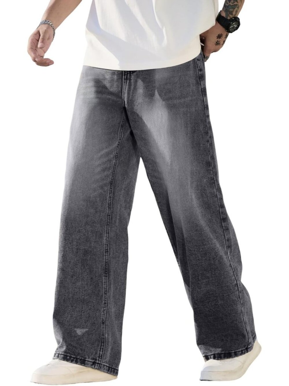 Men's D16 Grey Wide Leg Loose Fit Hip Hop Streetwear Casual Denim Baggy Jeans